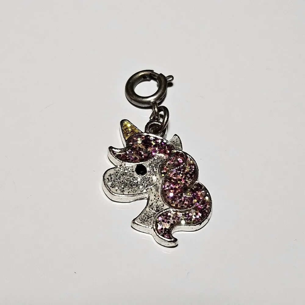 Silver Tone White Pink And Yellow Glitter Unicorn Charm
